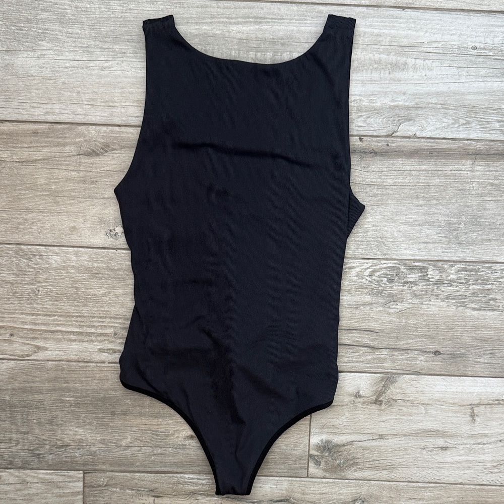 NWOT-Free People Black Ribbed Sleeveless Bodysuit with Back Cutouts